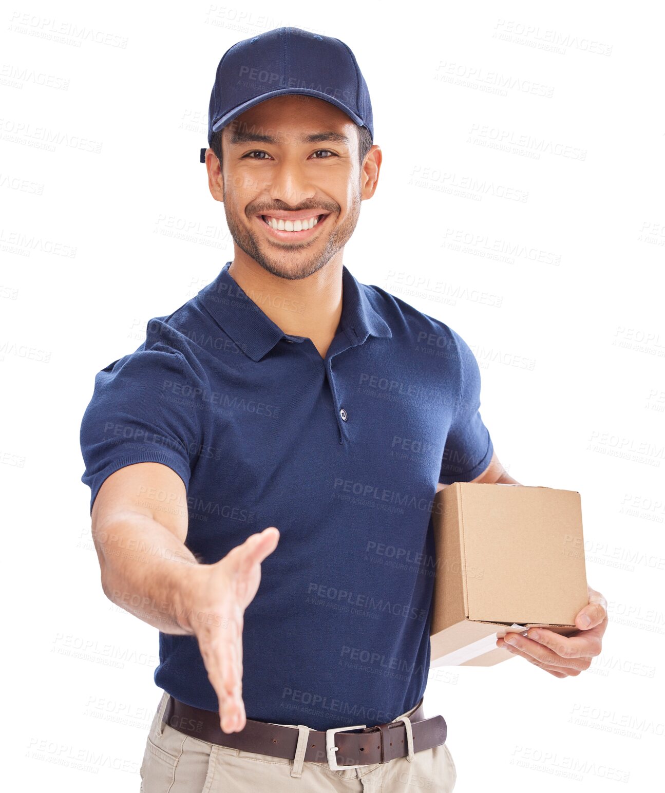 Buy stock photo Delivery man, shipping box and handshake, introduction and agreement in portrait on png transparent background. Package, supply chain and male worker, distribution and e commerce with shaking hands