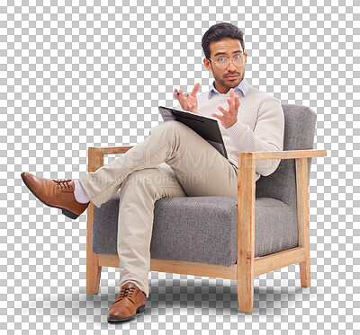 Buy stock photo Psychology, psychologist or portrait of man, talking or clipboard isolated on a transparent background. Therapist, consultant or male with checklist for therapy, mental health or counselling with png