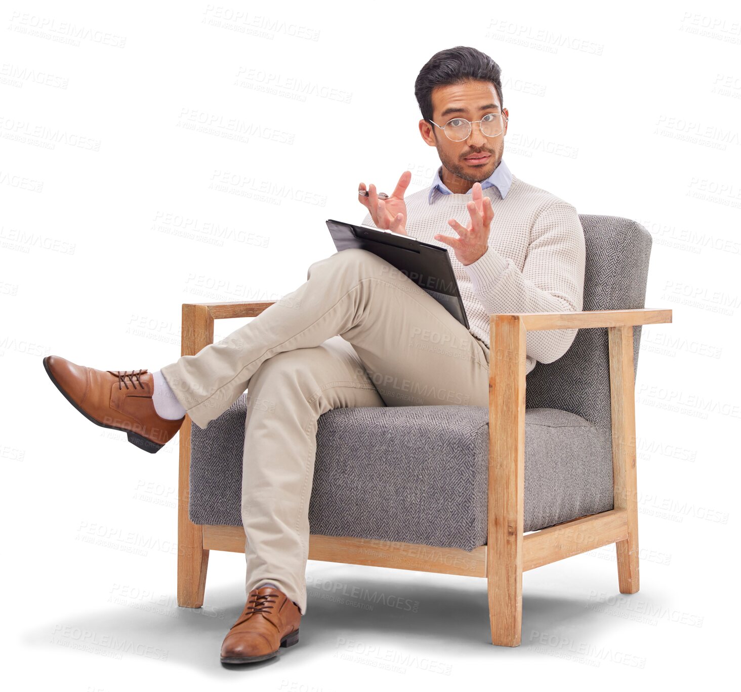 Buy stock photo Psychology, psychologist or portrait of man, talking or clipboard isolated on a transparent background. Therapist, consultant or male with checklist for therapy, mental health or counselling with png