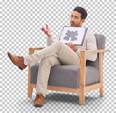 Buy stock photo Consulting, psychologist and man with rorschach test diagram on clipboard isolated on a transparent png background. Help, consultant and therapist sitting on chair with document for inkblot exam