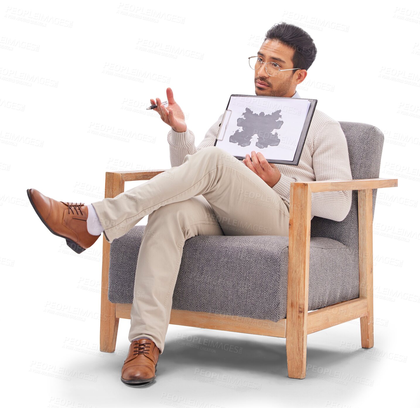 Buy stock photo Consulting, psychologist and man with rorschach test diagram on clipboard isolated on a transparent png background. Help, consultant and therapist sitting on chair with document for inkblot exam