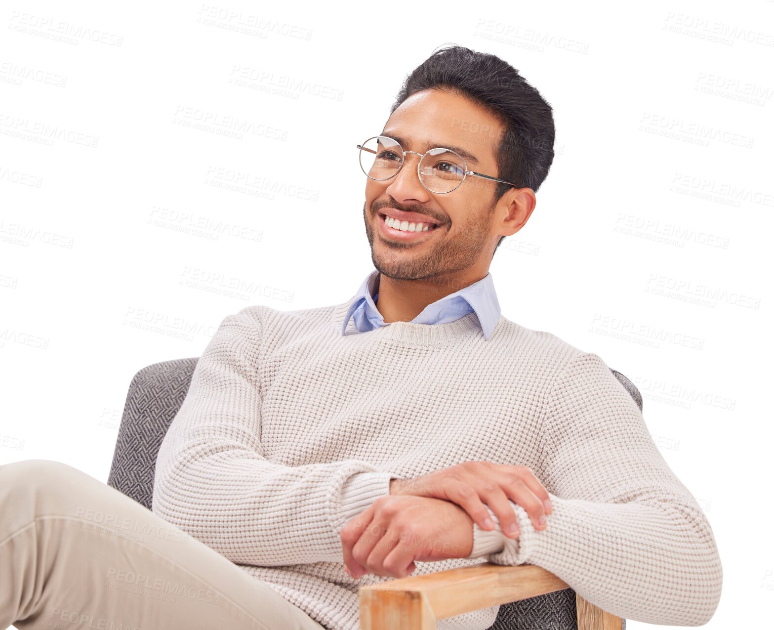 Buy stock photo Psychologist thinking, mental health and man with smile in therapy and listening isolated on transparent png background. Therapist, counseling and happy worker in psychology consultation on a chair