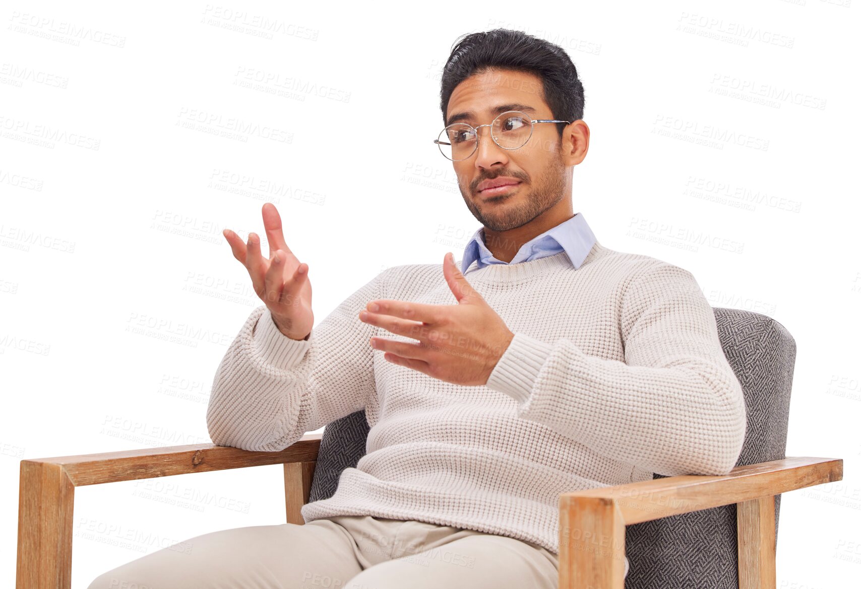 Buy stock photo Psychologist, chair and mental health, man in counselling and listen, isolated on transparent png background. Therapist, therapy and doctor, help from medical consultant and psychology in healthcare.