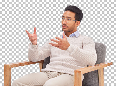 Buy stock photo Therapist, chair and mental health, man in counselling and listen, isolated on transparent png background. Psychologist, therapy and doctor, help from medical consultant and psychology in healthcare.