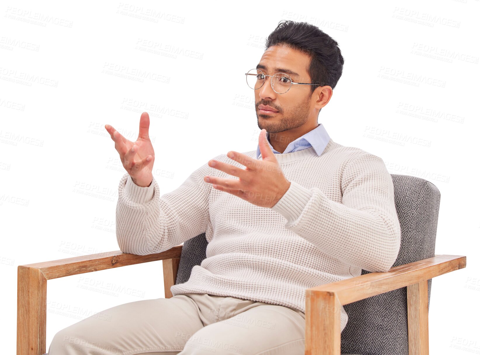 Buy stock photo Therapist, chair and mental health, man in counselling and listen, isolated on transparent png background. Psychologist, therapy and doctor, help from medical consultant and psychology in healthcare.