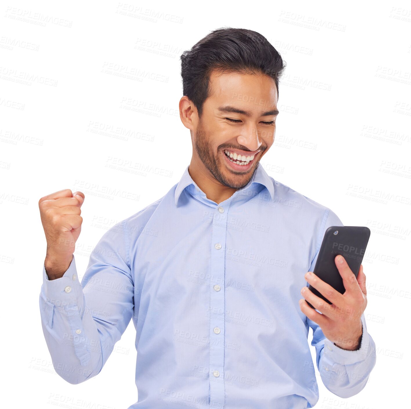 Buy stock photo Winner, success and business man on a phone isolated on transparent png background in finance celebration or yes. Excited, news and asian person on mobile for financial bonus, winning profit or sales