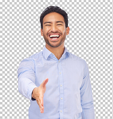 Buy stock photo Portrait, smile and business man with handshake, deal or offer on isolated, transparent or png background. Happy, face and asian male with shaking hands gesture for welcome, thank you or b2b success