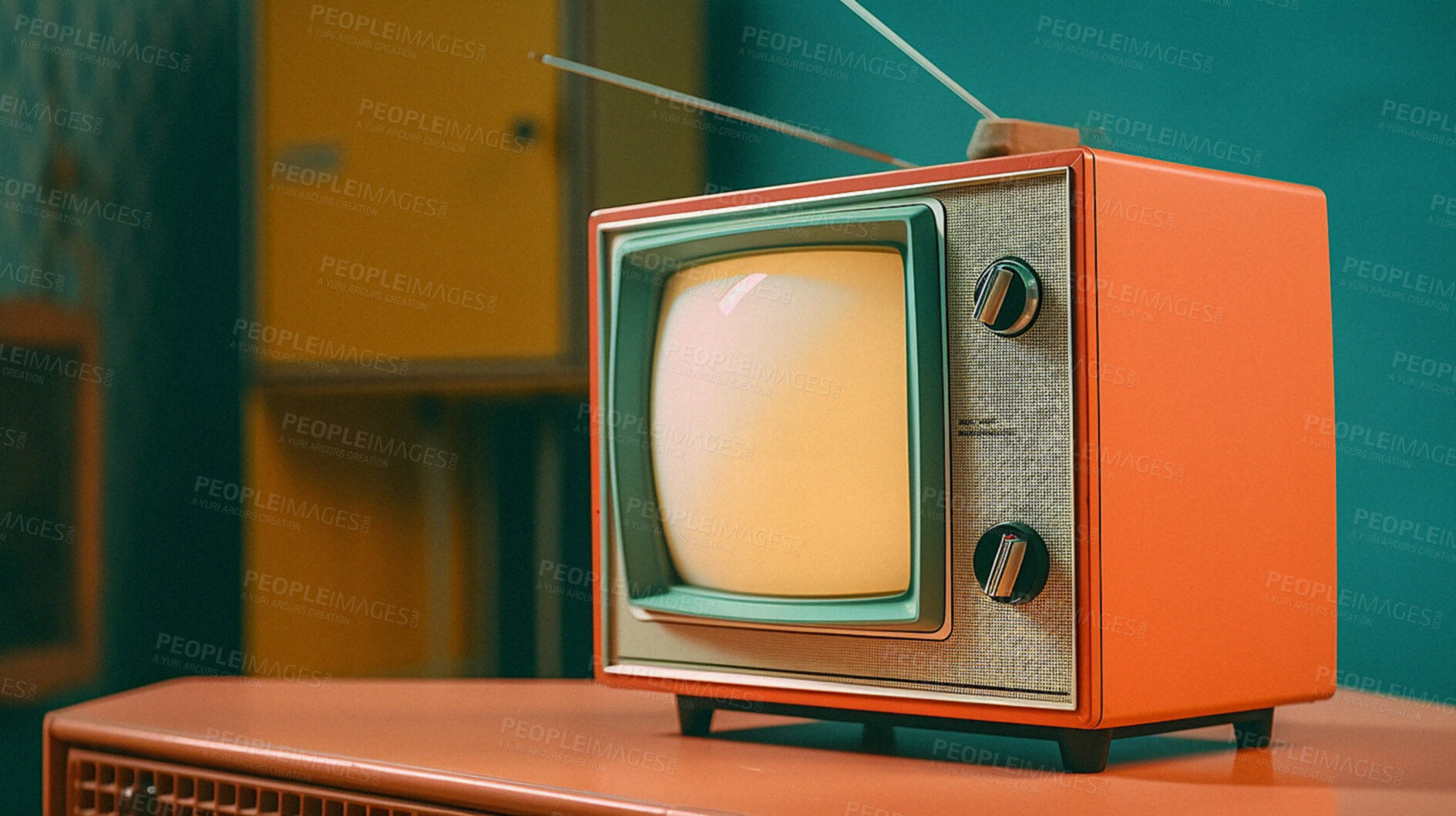 Buy stock photo Retro TV on a table at home for old entertainment show. Ai generated of vintage television in house