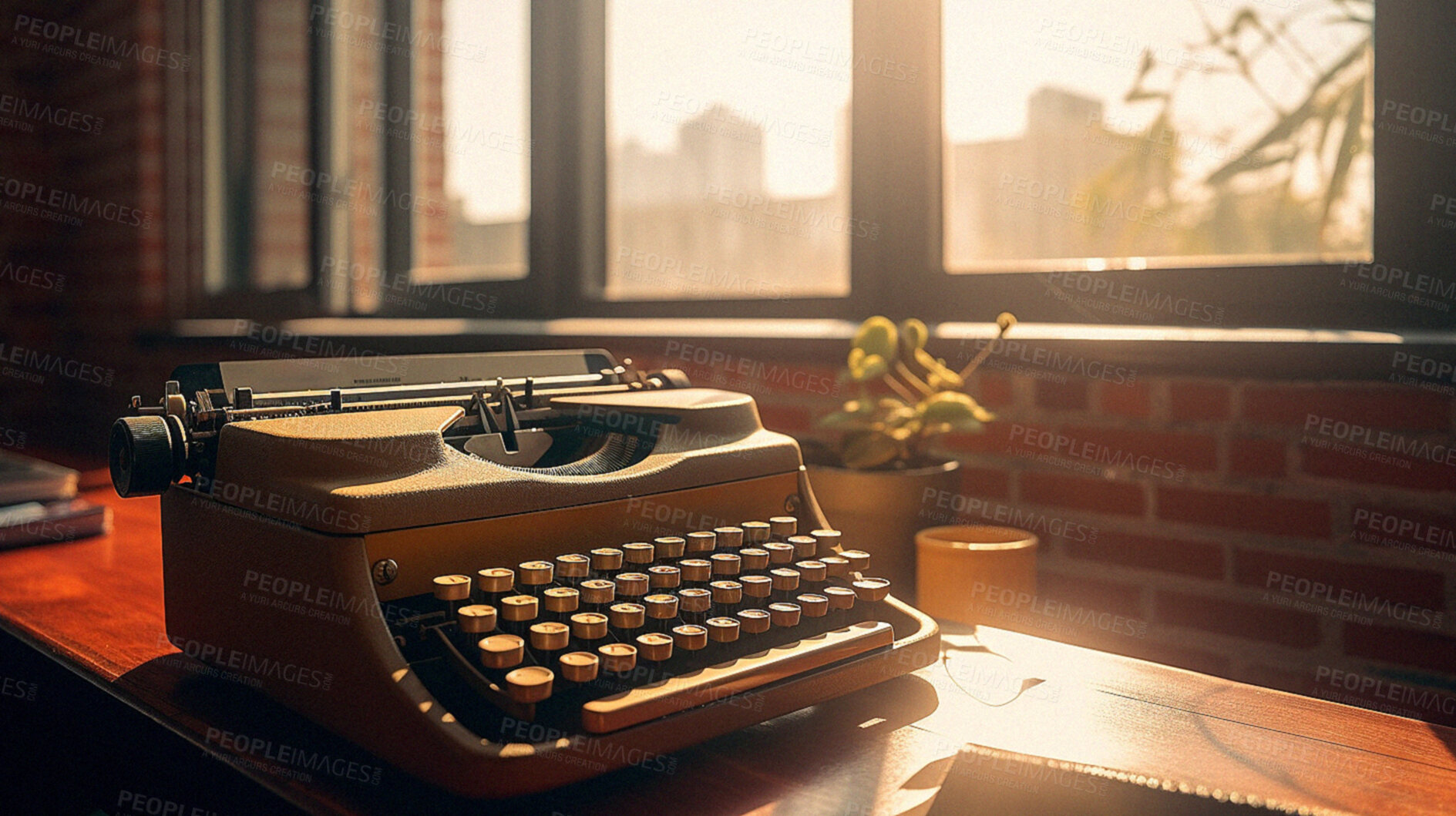 Buy stock photo Retro typewriter on home table for writer work. Ai generated vintage office for journalism or press