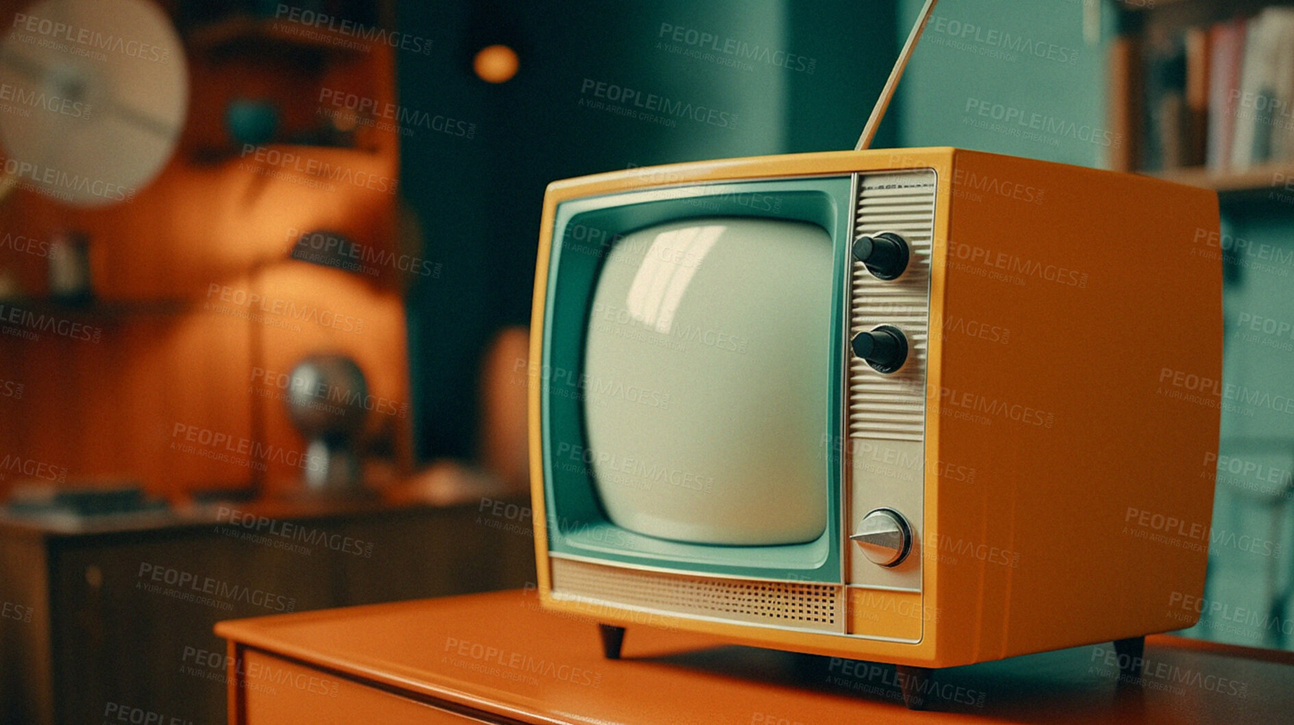 Buy stock photo Retro TV on a table at home for old entertainment show. Ai generated of vintage television in house