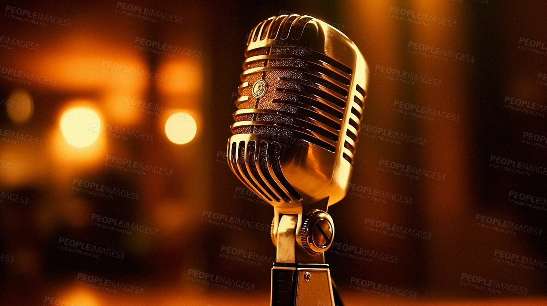 Buy stock photo Retro microphone for music, podcast or press. Ai generated of vintage voice mic for radio broadcast