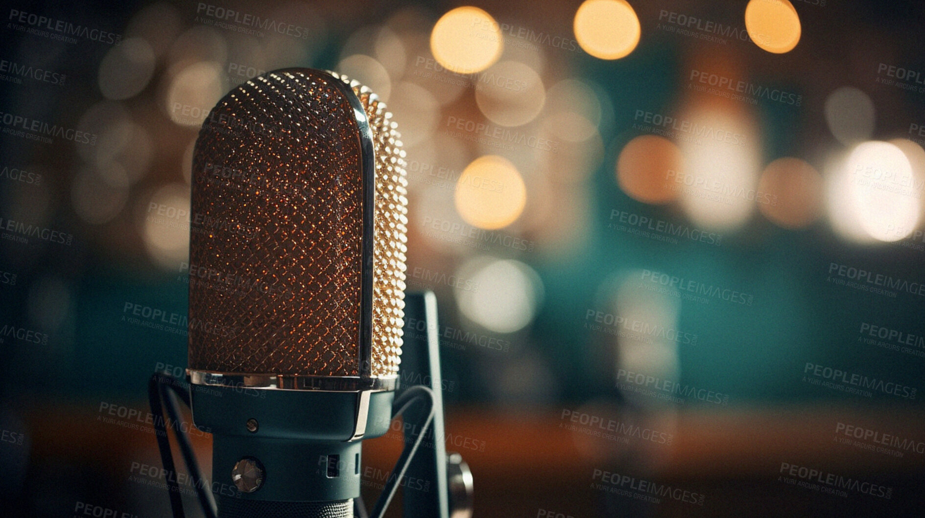 Buy stock photo Retro microphone for music, podcast or press. Ai generated of vintage voice mic for radio broadcast