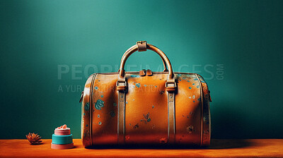 Retro fashion, leather bag and suitcase on table. Ai generated vintage luggage on studio background