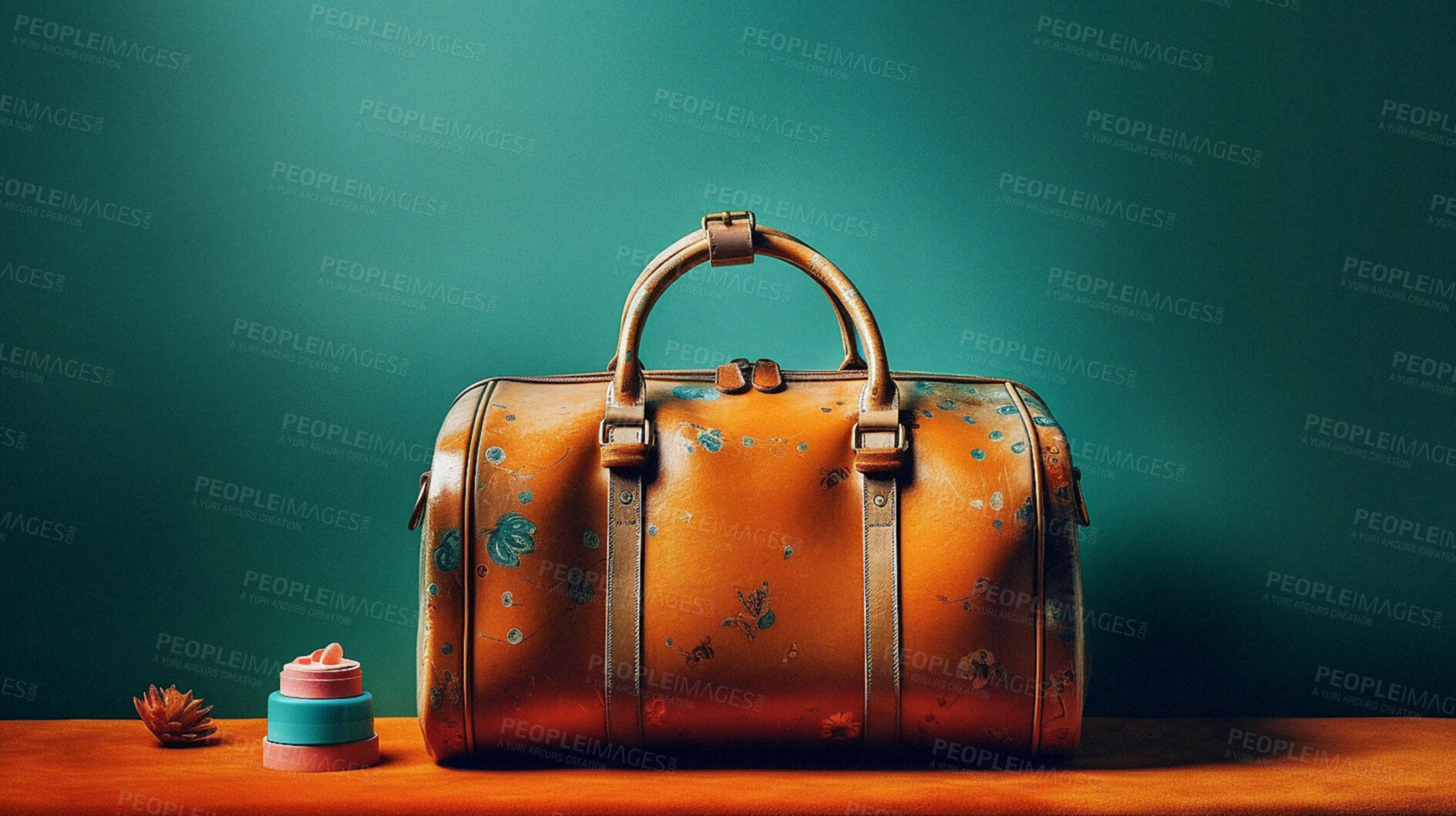 Buy stock photo Retro fashion, leather bag and suitcase on table. Ai generated vintage luggage on studio background