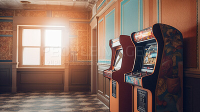 Retro computer game arcade and ai generated vintage video or slot machine in an empty room