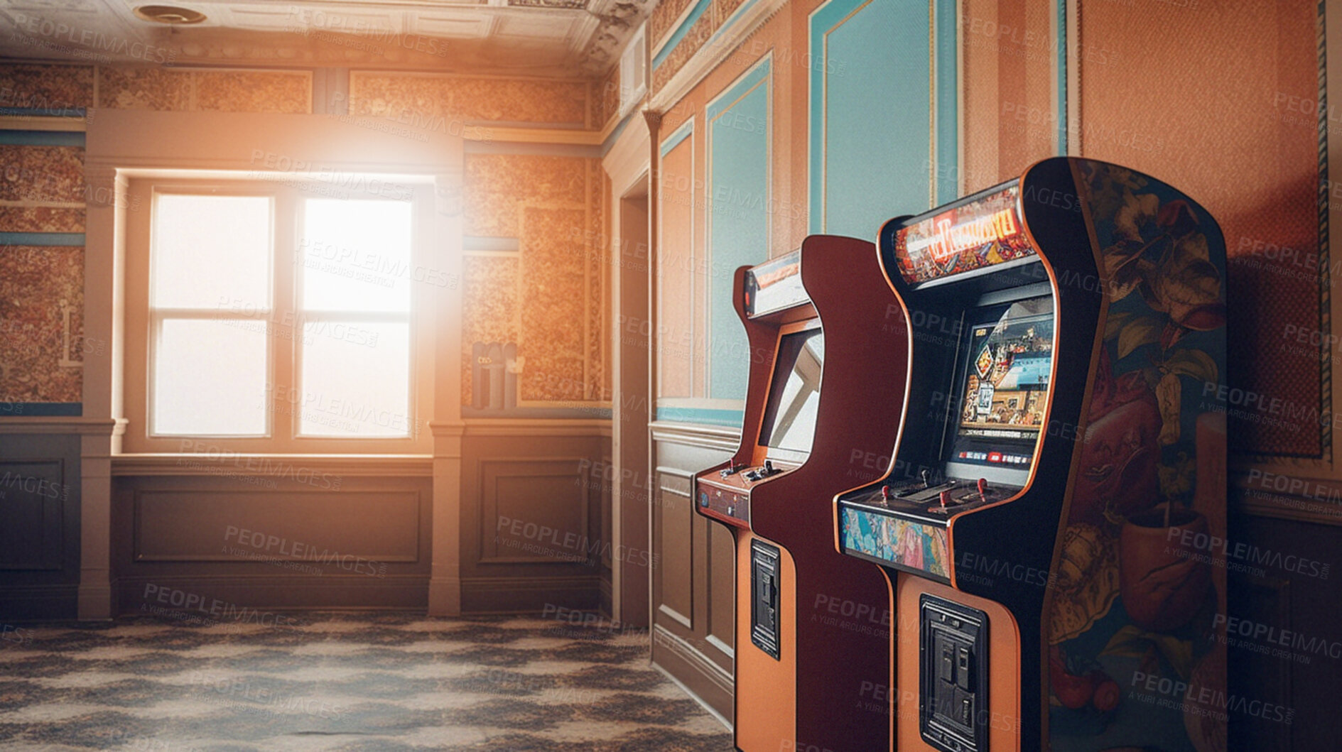 Buy stock photo Retro computer game arcade and ai generated vintage video or slot machine in an empty room