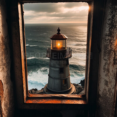 Lighthouse, ocean and window view of building at port for direction. Ai generated light at sea