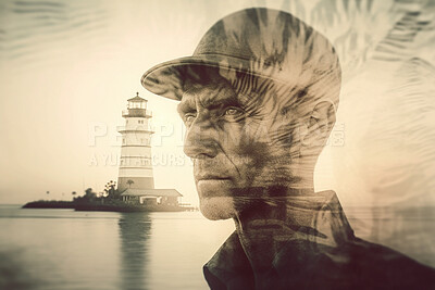 Lighthouse, fisherman and double exposure of fishing at sea. Ai generated light for sailor man