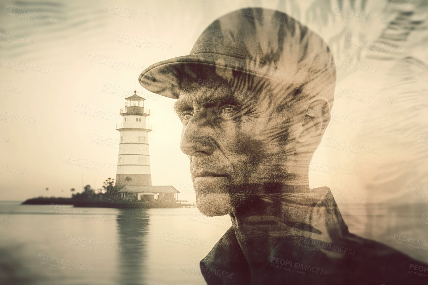 Buy stock photo Lighthouse, fisherman and double exposure of fishing at sea. Ai generated light for sailor man