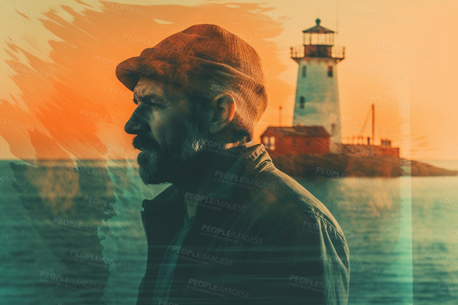 Buy stock photo Lighthouse, fisherman and double exposure of fishing at sea. Ai generated light for sailor man