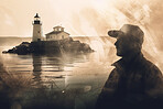 Lighthouse, fisherman and double exposure of fishing at sea. Ai generated light for sailor man