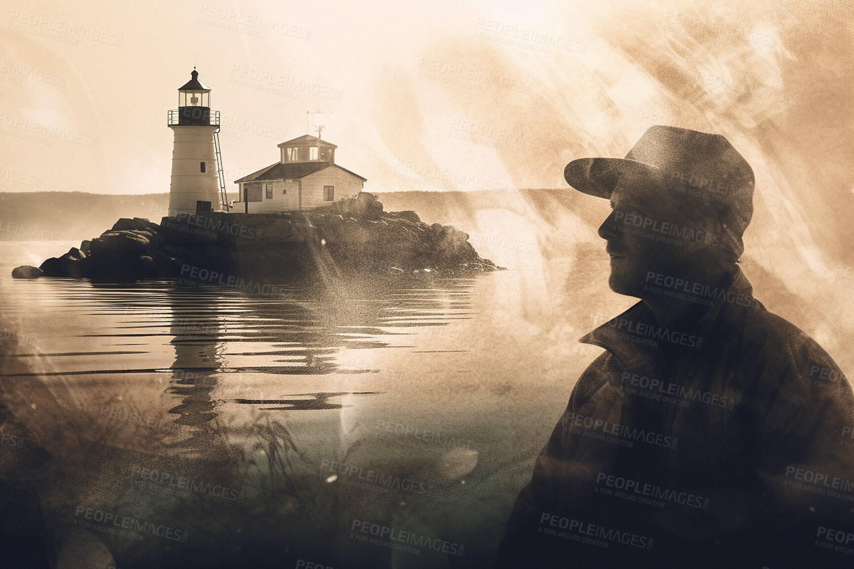 Buy stock photo Lighthouse, fisherman and double exposure of fishing at sea. Ai generated light for sailor man