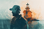 Lighthouse, fisherman and double exposure of fishing at sea. Ai generated light for sailor man