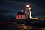 Lighthouse, cloud in night sky and building of port direction. Ai generated light as sea navigation