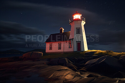 Lighthouse, cloud in night sky and building of port direction. Ai generated light as sea navigation
