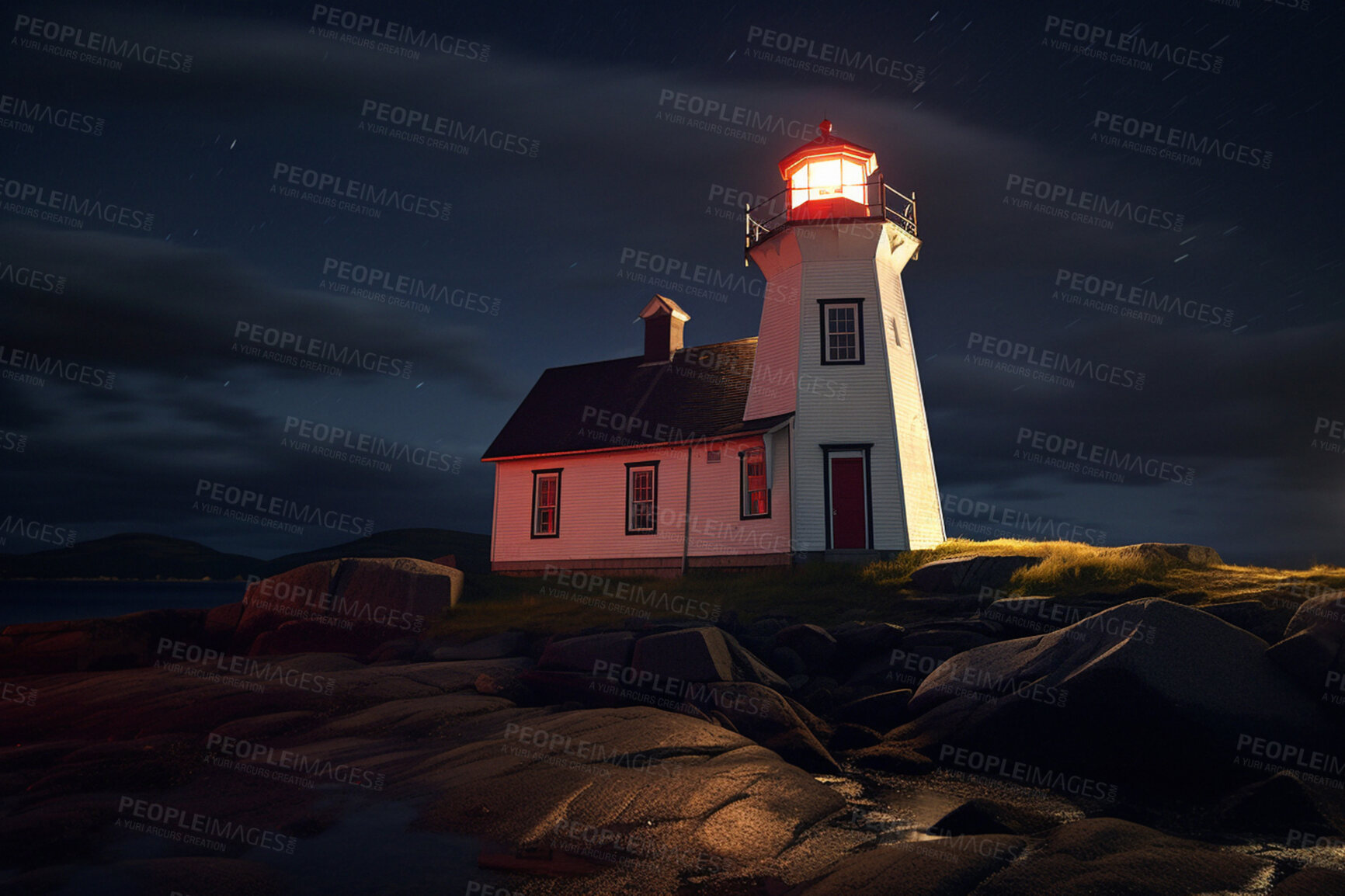 Buy stock photo Lighthouse, cloud in night sky and building of port direction. Ai generated light as sea navigation