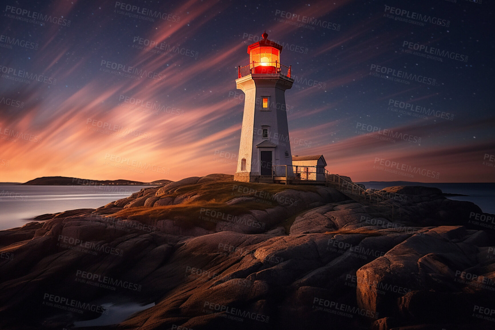 Buy stock photo Lighthouse, cloud in sunset sky and building of port direction. Ai generated light as sea navigation