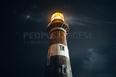 Lighthouse, cloud in night sky and building of port direction. Ai generated light as sea navigation