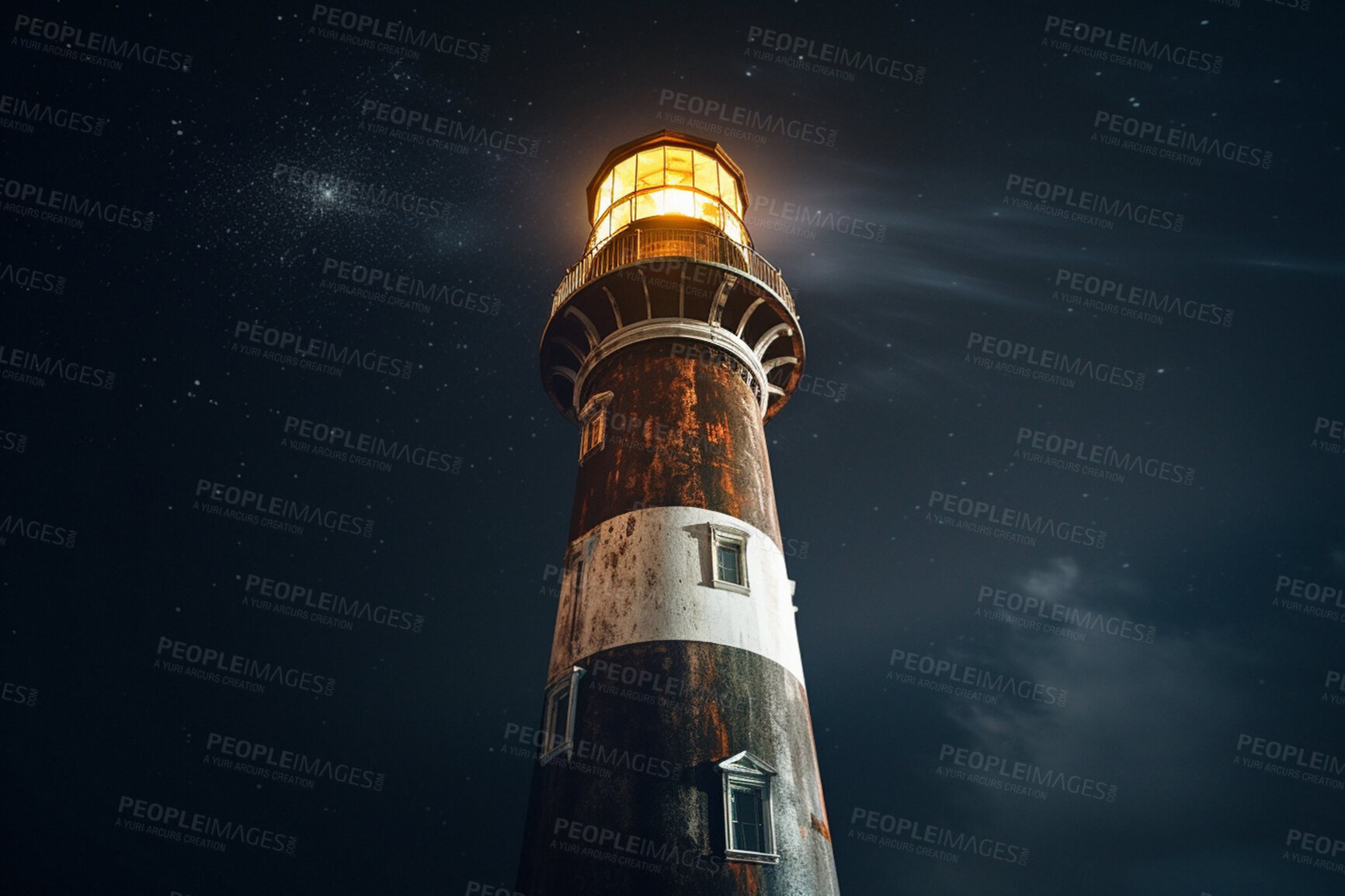 Buy stock photo Lighthouse, cloud in night sky and building of port direction. Ai generated light as sea navigation