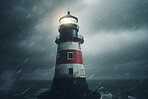 Lighthouse, cloud in sky and building of port direction. Ai generated light as sea navigation