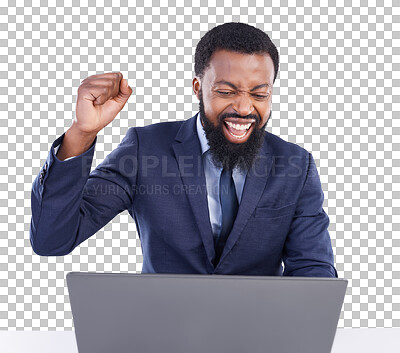 Buy stock photo Winning, laptop and black man for trading or success for stock market or business bonus. Yes, excited and African winner on pc sales, profit or celebration isolated on transparent png background