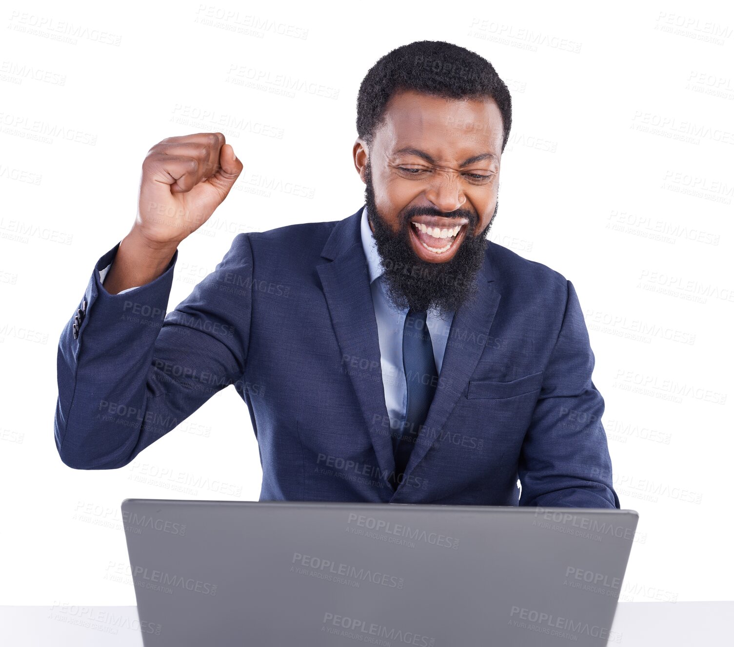 Buy stock photo Winning, laptop and black man for trading or success for stock market or business bonus. Yes, excited and African winner on pc sales, profit or celebration isolated on transparent png background