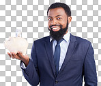 Black man, piggy bank and portrait smile for financial investment or savings against a white studio background. Happy African American businessman holding cash or money pot for investing in finance