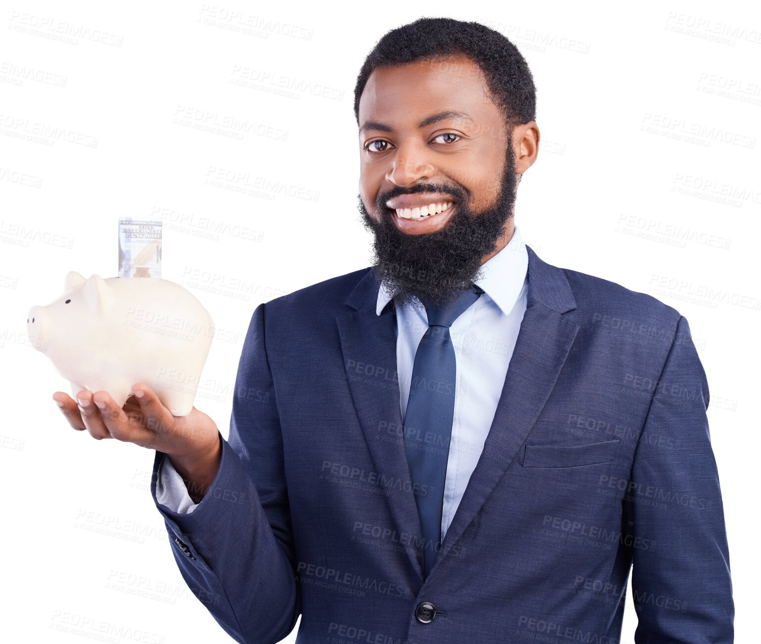Buy stock photo Black man, piggy bank and portrait for business, dollar and investment for savings isolated on a transparent png background. Face, happy professional and money box, cash or finance, budget and profit