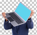 Hands, laptop green screen and studio background with man, mockup space and suit by white background. African businessman, computer ux and blank for mock up, logo or corporate branding by backdrop
