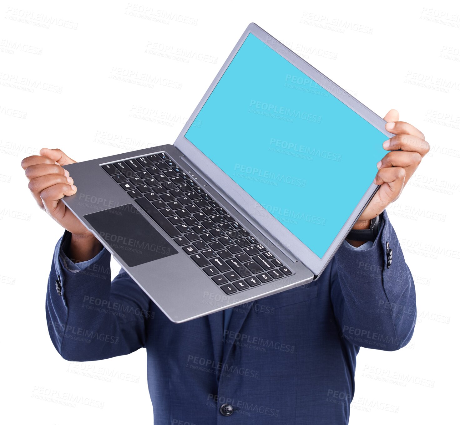 Buy stock photo Hands, green screen and man with laptop with mockup space for marketing or promotion. Technology, pc and male person with computer with mock up for advertising isolated by transparent png background.