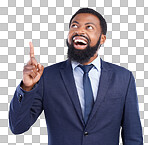 Wow, pointing and announcement with a business black man in studio on a gray background for motivation. Winner, hand gesture and promotion with a corporate male employee celebrating success