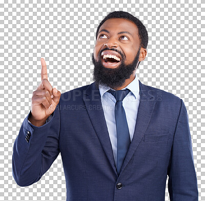 Buy stock photo Shock, advertising and businessman pointing with wow or omg facial expression for promotion. Surprise, excited and young African male person with show gesture isolated by transparent png background.