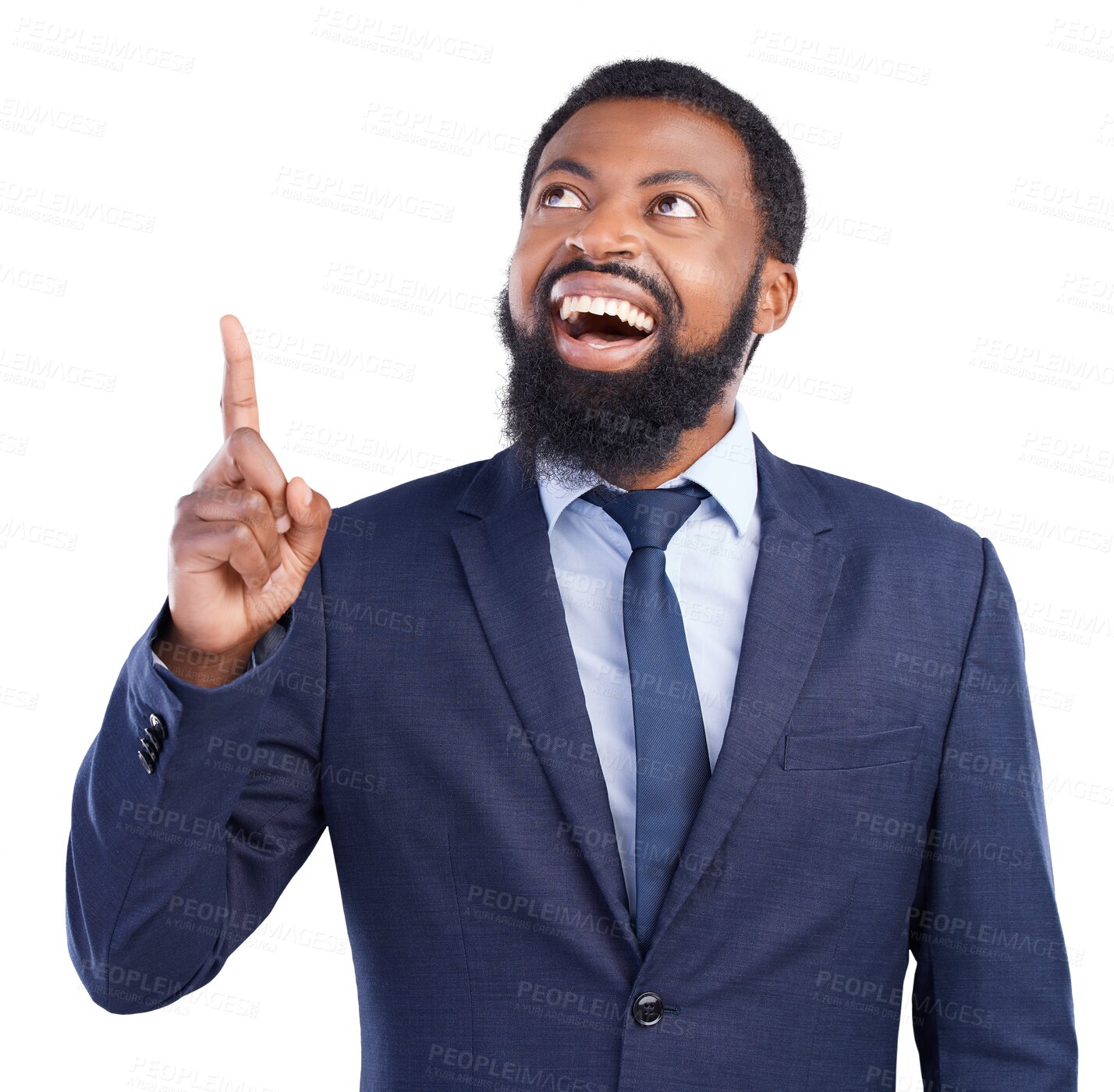 Buy stock photo Shock, advertising and businessman pointing with wow or omg facial expression for promotion. Surprise, excited and young African male person with show gesture isolated by transparent png background.