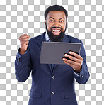 Winning, tablet and black man isolated on gray background portrait for stock market, trading or business bonus or success. Yes, fist pump and person or winner, sales profit and digital tech in studio