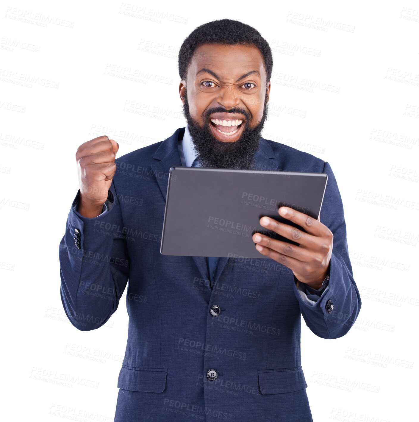 Buy stock photo Tablet, winner portrait and business man for stock market success, profit and trading, bonus and yes. Celebration, winning and african person or digital trader isolated on transparent, png background