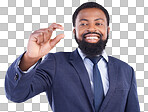 Hand gesture, size and a business black man in studio on a gray background to measure company growth. Corporate, small or tiny with a happy african american male employee showing a measurement
