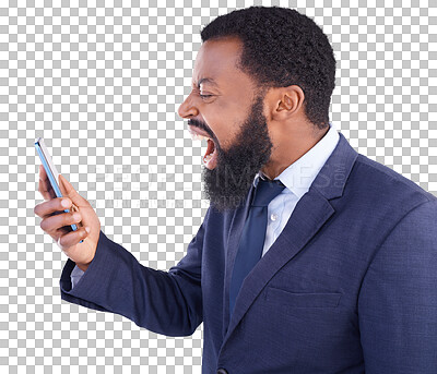 Buy stock photo Stress, screaming and phone call by angry business man on isolated, transparent and png background. Shouting, anxiety and  African male frustrated by phishing, scam or fake news, 404 or glitch fail