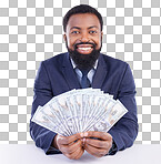 Portrait, cash and investment with a business black man in studio on a gray background as a lottery winner. Money, accounting and finance with a male employee holding dollar bills for the economy
