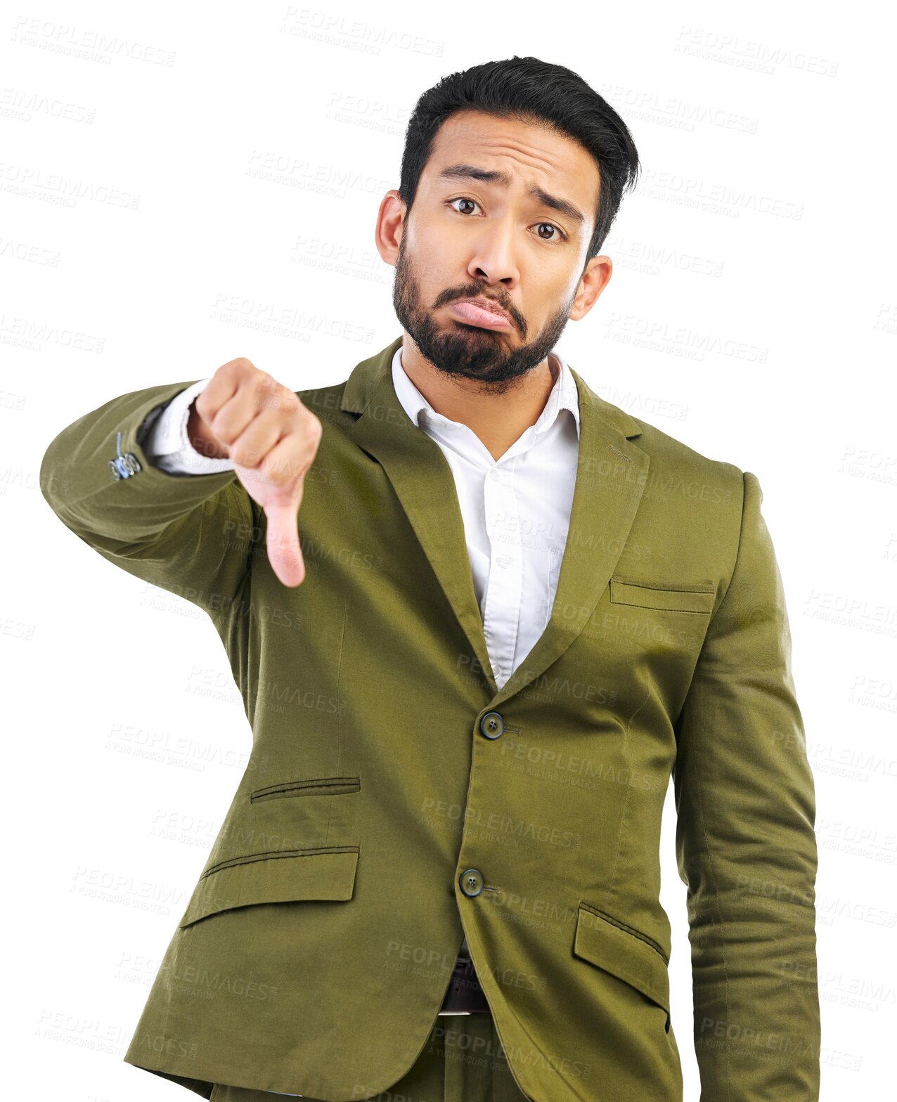 Buy stock photo Portrait, business and Asian man with thumbs down, feedback and voting isolated against a transparent background. Male person, consultant and employee with hand gesture, review and emoji with png