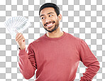 Money fan, cash investment and man on white background for wealth, financial savings and payment bonus. Finance profit, winner and isolated male for winning, prize and stock market success in studio